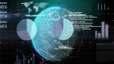 Animación-De-Datos,-Gráficos-Y-Globo-Sobre-Fondo-Negro