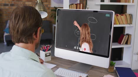 caucasian male student using computer on video call with female teacher