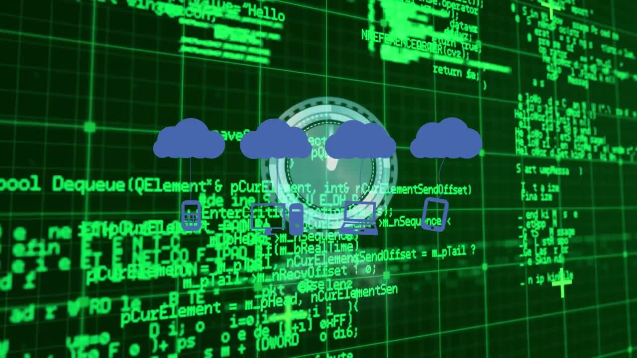 animación de nubes con iconos sobre reloj en movimiento y procesamiento de datos