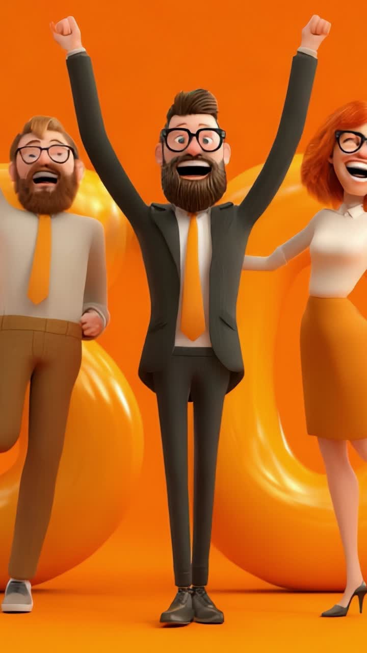 Excited Animated Characters Celebrating with Joyful Expressions Against a Bright Orange Background, Symbolizing Success and Happiness in a Playful Design
