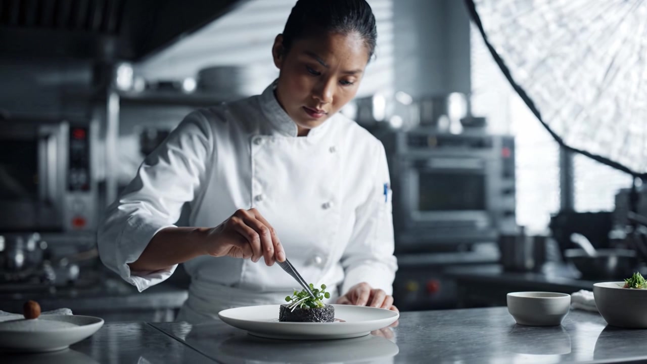 Squisita presentazione culinaria di uno chef esperto in una cucina moderna, che mostra arte e precisione nell'impiattare un piatto gourmet con cura e creatività
