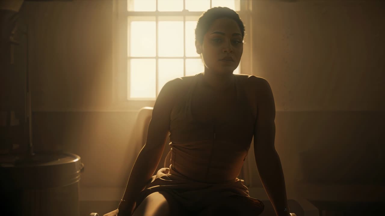 Hearing offscreen sound, woman in tank top and shorts shifting, relaxing on metal chair by window