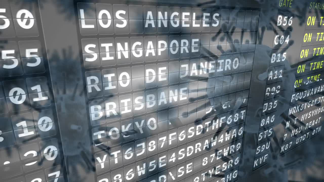 맥로 코로나 바이러스가 배경으로 비행기 출발과 함께 퍼지고 있습니다.