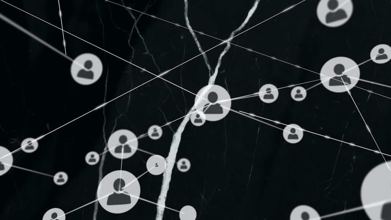 Animation of connected user icons with network lines on dark background