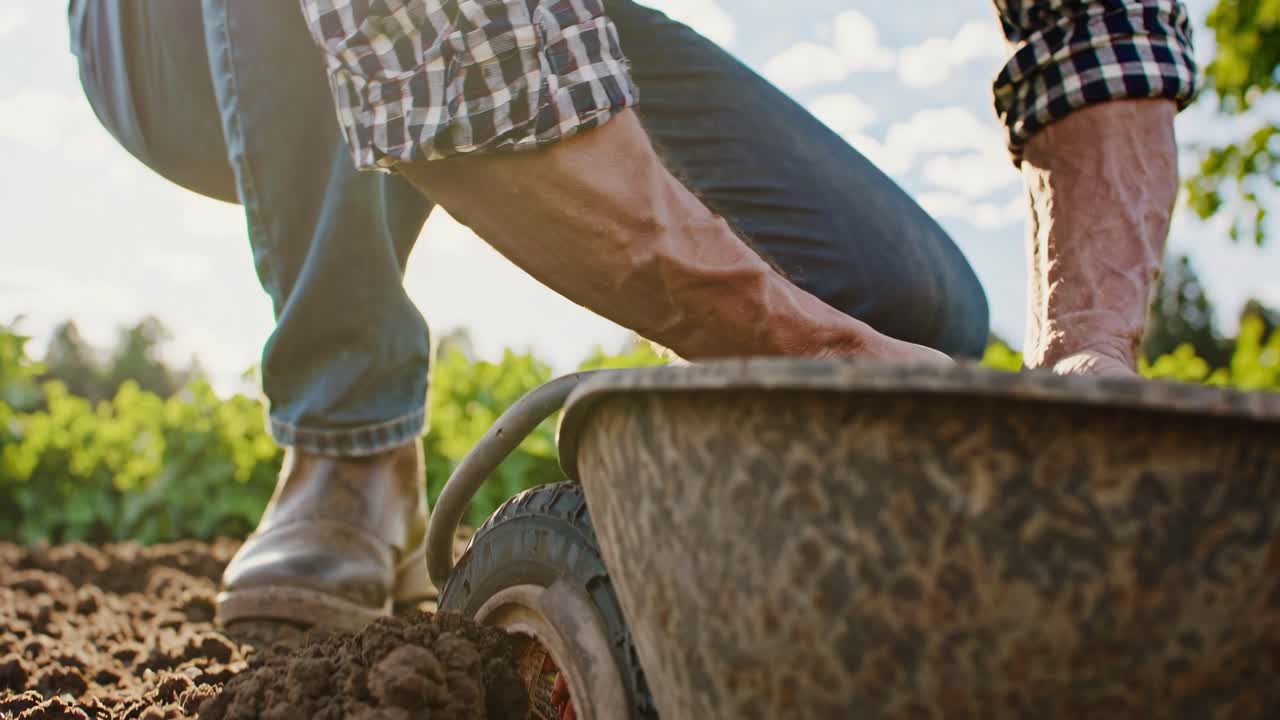 Low-angle video shot of a person gardening, focusing on hands and wheelbarrow, capturing the essence
