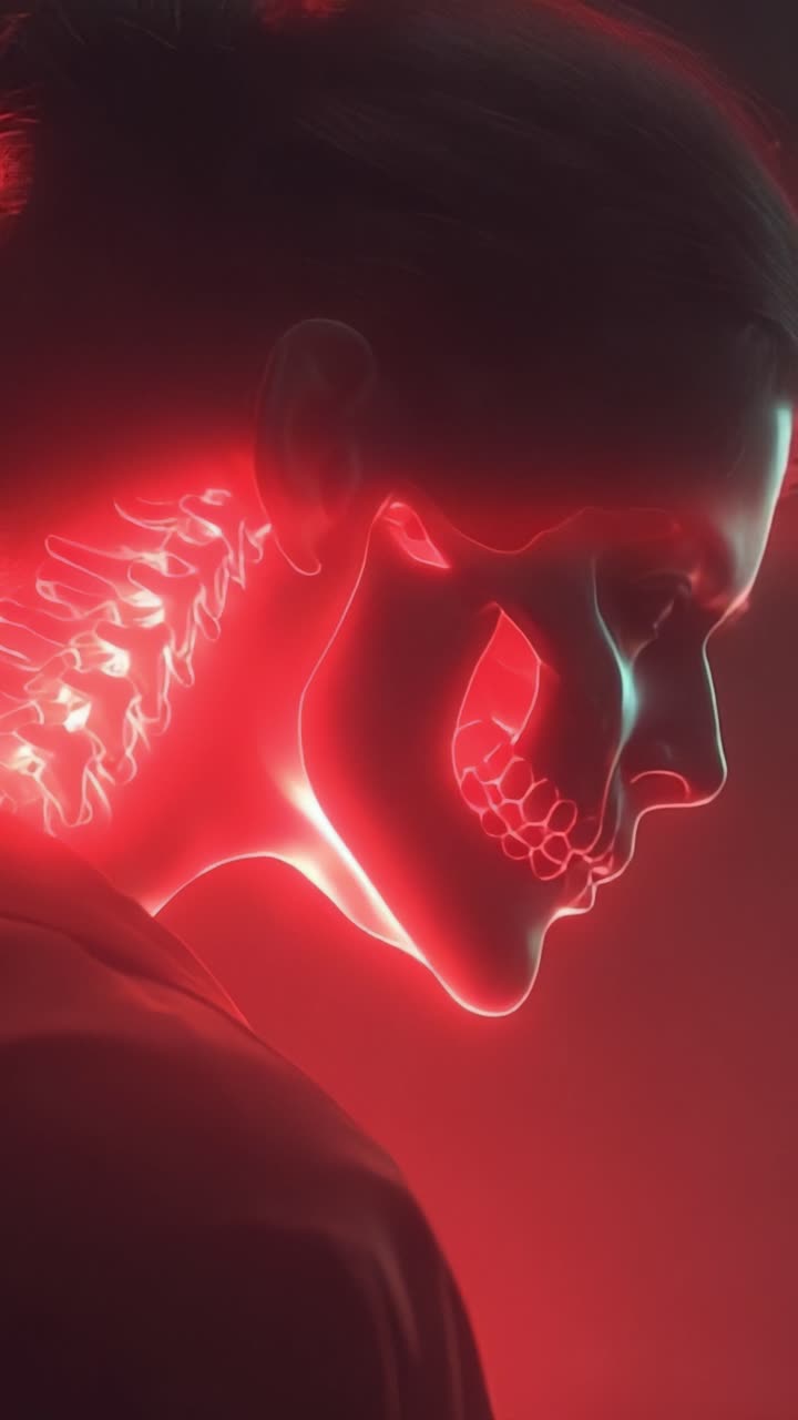 Una straordinaria rappresentazione visiva di una persona illuminata da luce rossa, che mostra una fusione di tratti umani e anatomia scheletrica, evidenziando la bellezza della vita e della morte intrecciate.