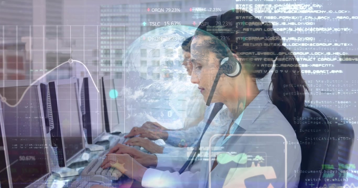 Animación de procesamiento de datos sobre diversas personas de negocios usando auriculares de teléfono en la oficina