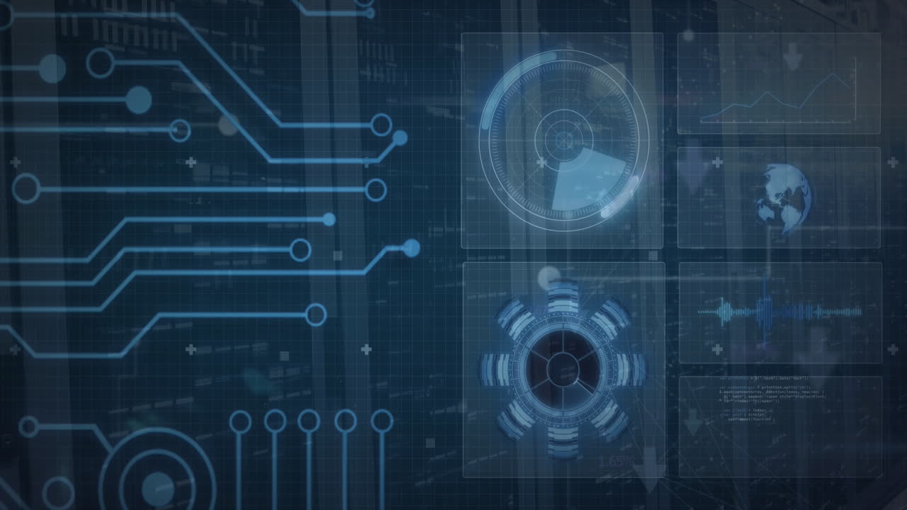 animación del radar, el reactor de arco, el globo y el lenguaje informático sobre la sala del servidor