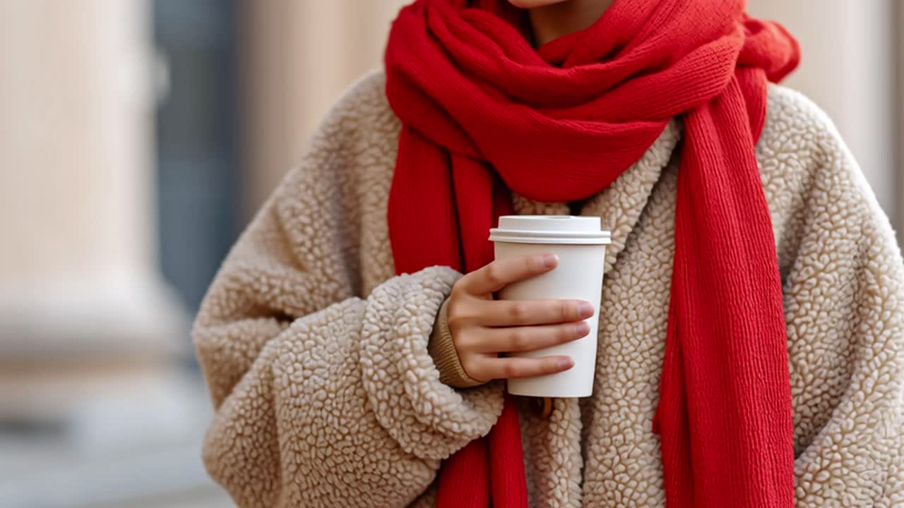 Woman in a warm coat and red scarf holding a coffee cup