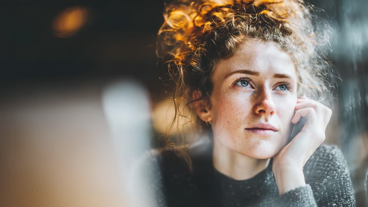 Moment contemplatif : Une jeune femme aux cheveux bouclés, perdue dans ses pensées, capturée dans un environnement chaleureux avec un éclairage doux et une surface réfléchissante.