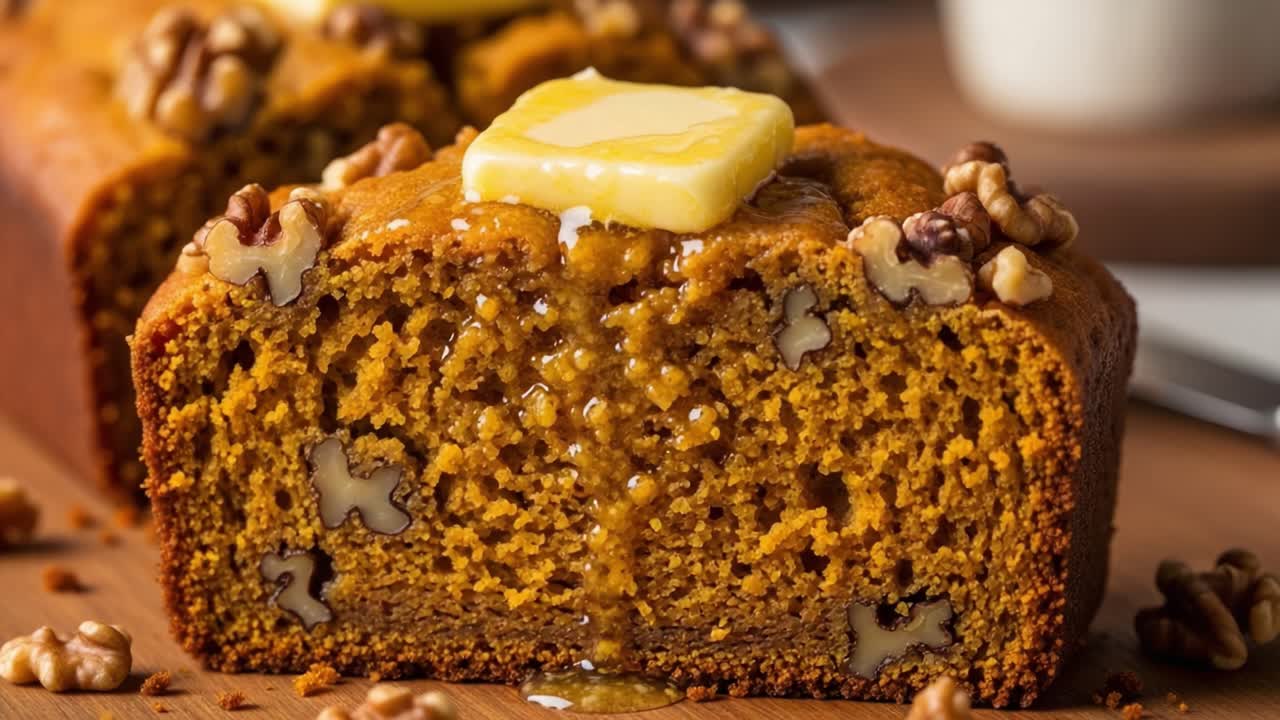 Deliciously Moist Walnut Loaf Cake with Soft Butter on Top, Perfectly Baked and Drizzled with Sweet Syrup, Ideal for Dessert or Snack Time