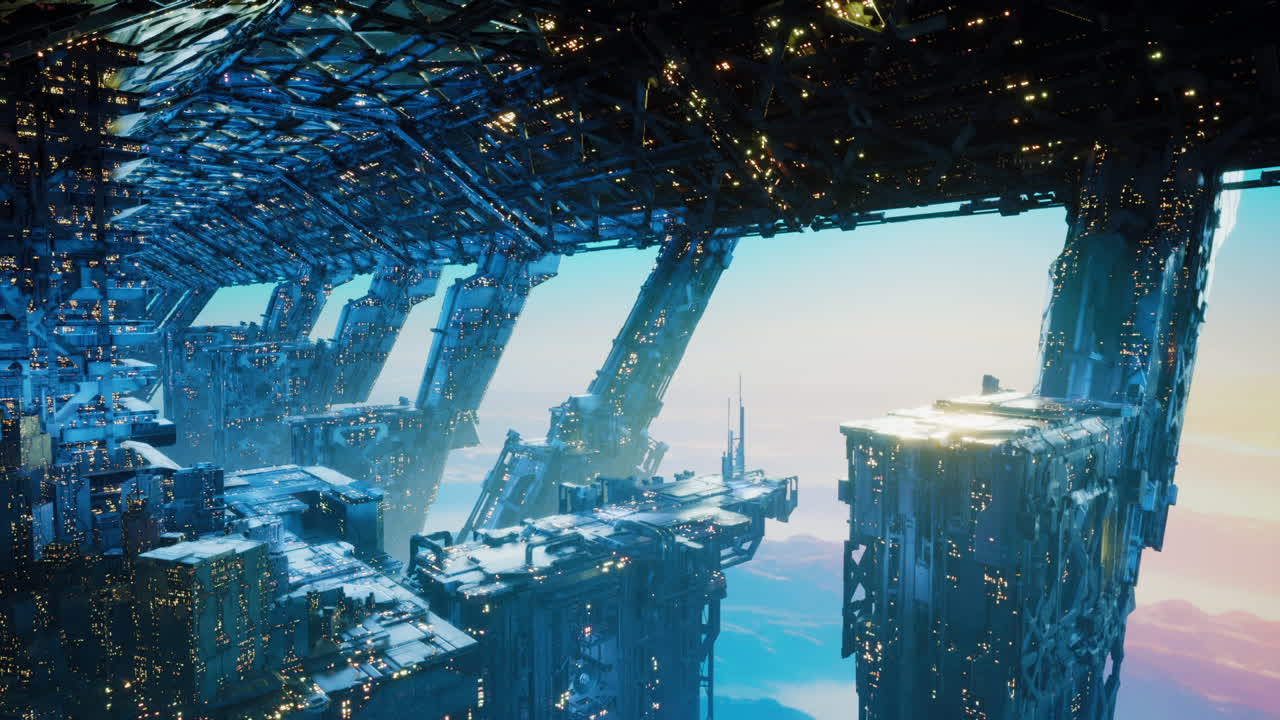 Futuristic city suspended in the sky with intricate architectural designs