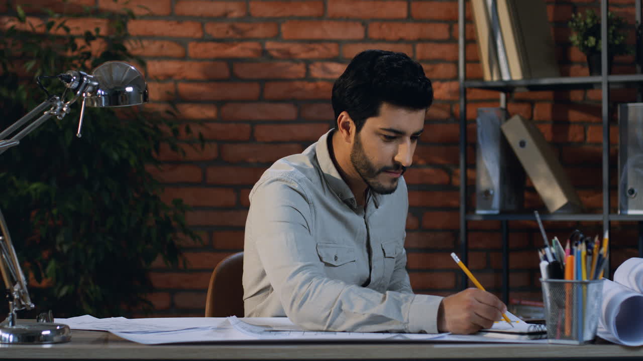 Young Arabian Architect Working Over Some Drawings For A New Order Sitting At Desk In His Nice Office