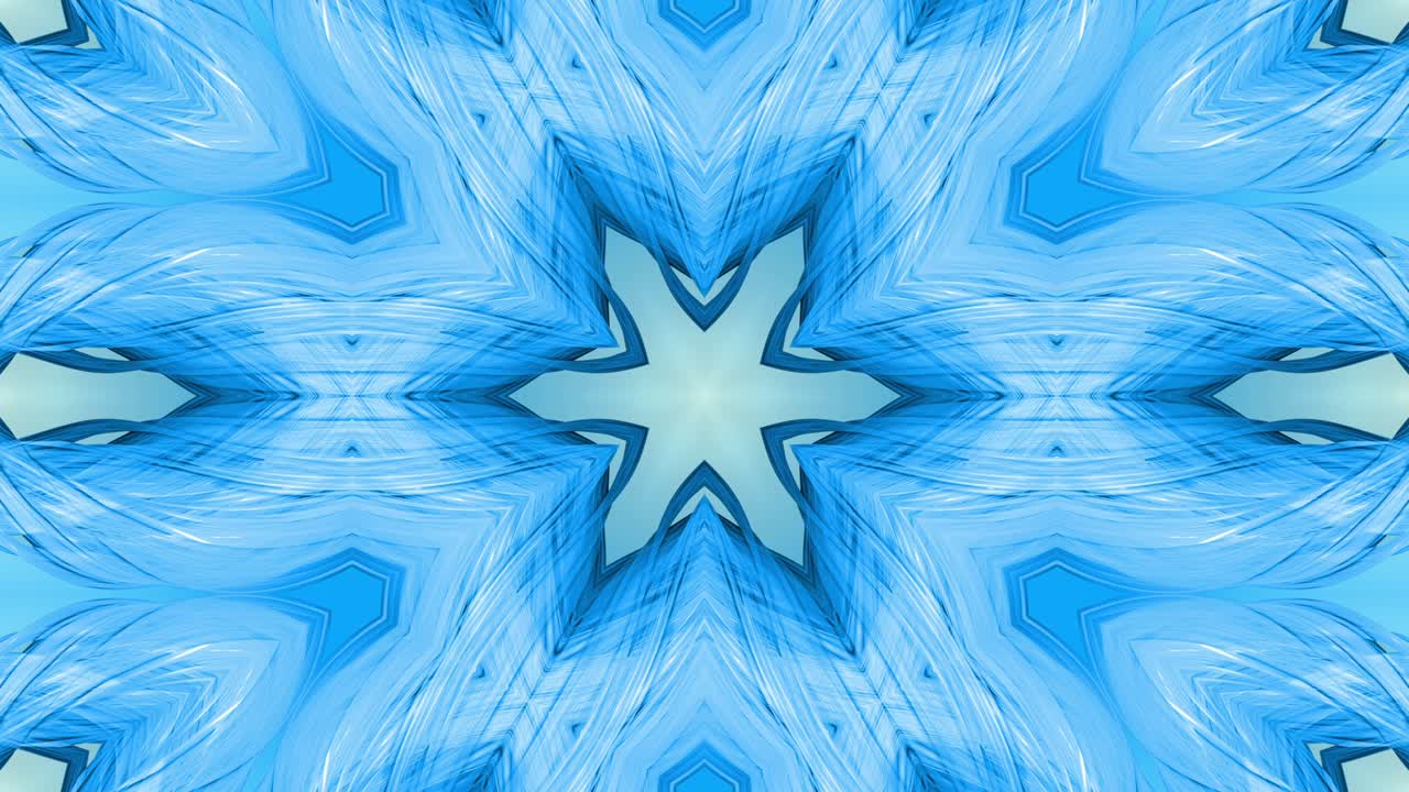 animación en bucle 3d, un fondo abstracto con cintas azules girando y formando estrellas o copos de nieve como con un efecto caleidoscópico.