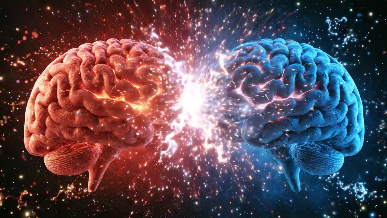Hemisférios cerebrais humanos brilhando em vermelho e azul em visualização neurológica