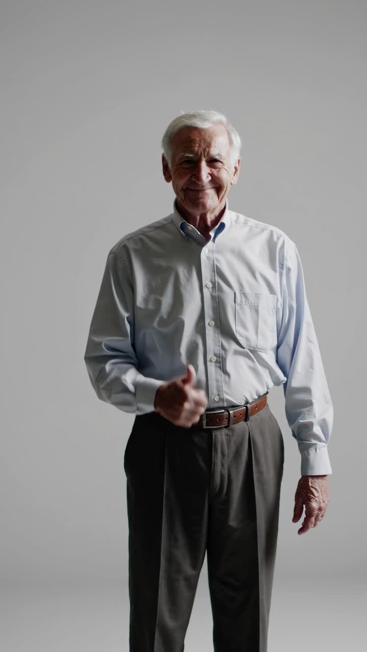 Retired elderly businessman standing confidently, giving thumbs up sign, expressing success and satisfaction in studio setting with white background