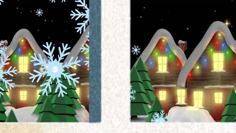 Animation-Der-Weihnachtlichen-Winterlandschaft-Und-Des-Fallenden-Schnees,-Gesehen-Durch-Das-Fenster