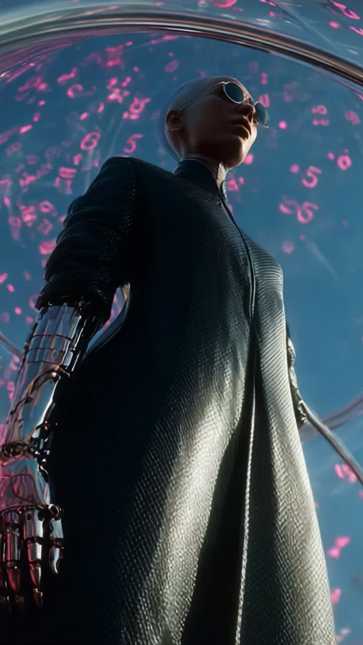 Futuristic humanoid figure with robotic arms in a digital environment, showcasing advanced technology and a striking aesthetic amidst vibrant pink and blue hues