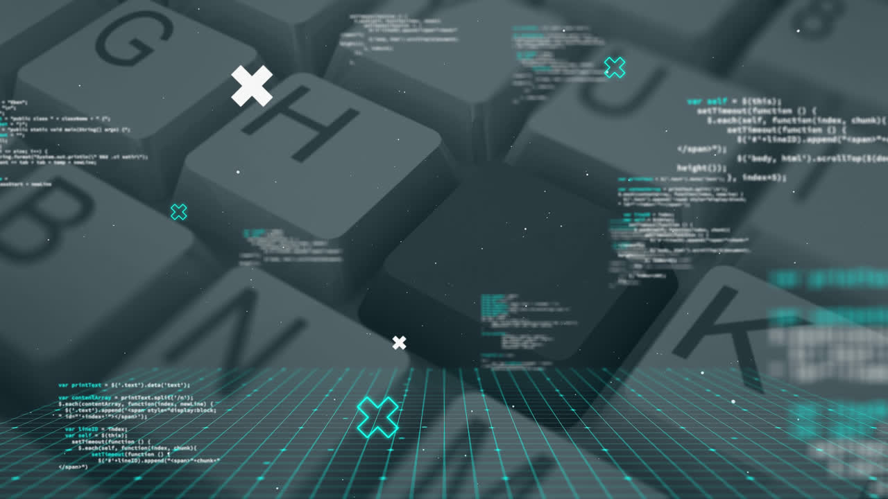 Animation of data processing and white markers over computer keyboard in background
