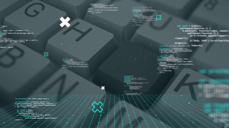Animation of data processing and white markers over computer keyboard in background