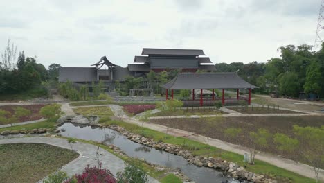 Aerial-view-of-a-private-colourful-Chinese-garden-pavilion