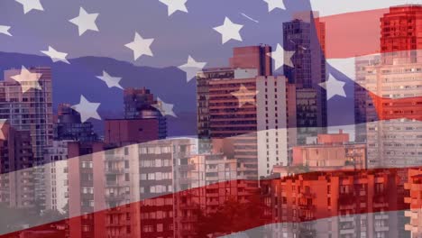 animation of american flag with city behind