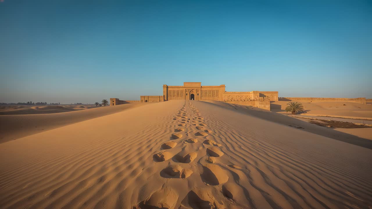Drone in movimento che parte da una duna e si sposta verso un edificio in arenaria, seguendo delle impronte fino all'ingresso