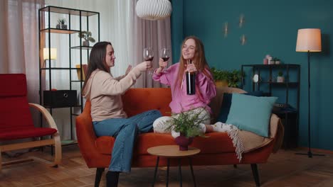 Girls friends siblings clinking glasses of wine cheering drinking celebrate birthday home party