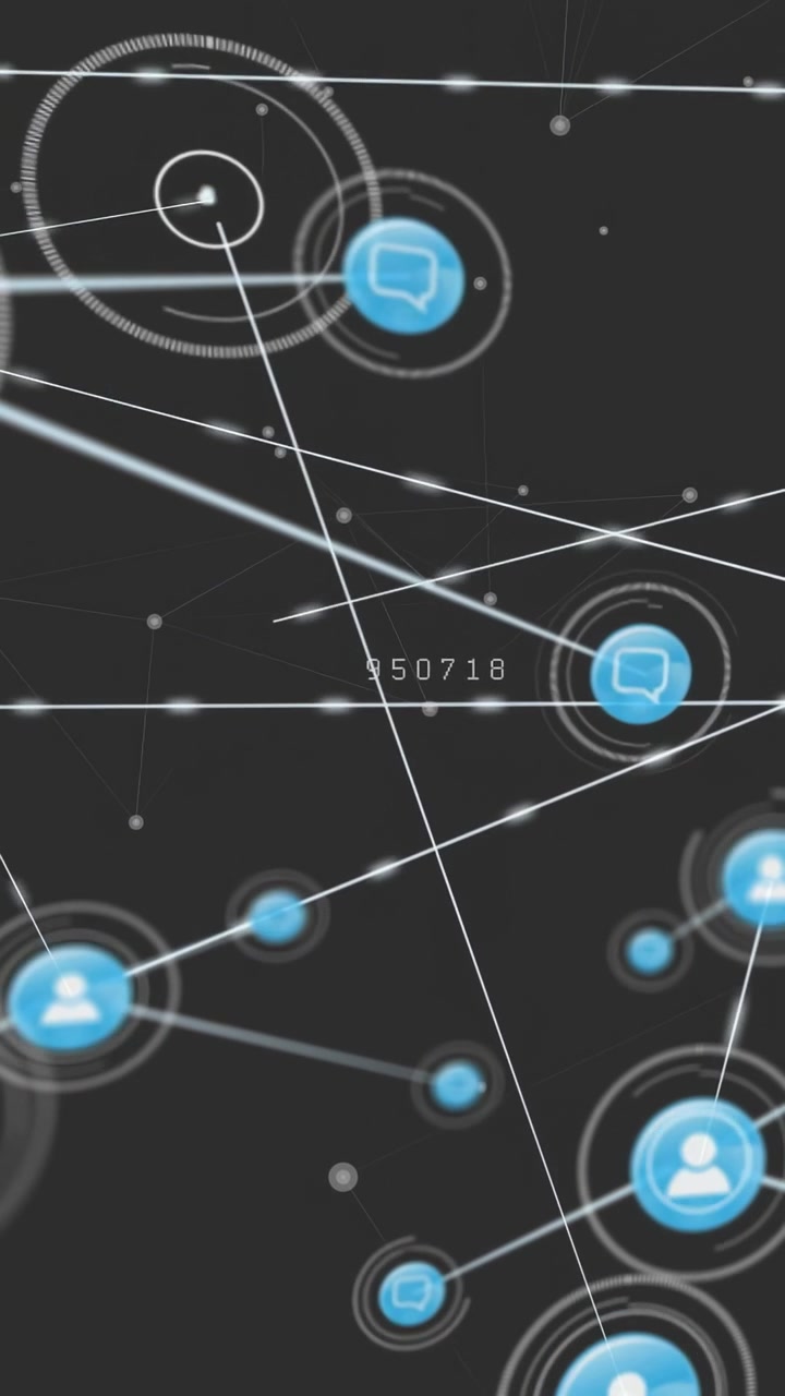 Video verticale: Icona blu brillante che appare, nodi di avatar e chat che si collegano, pulsano, mostrando una rete.