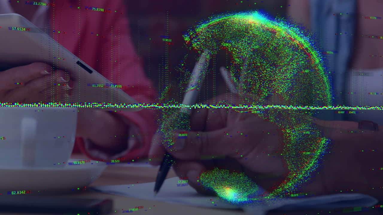 Digital globe animation over people collaborating with tablets and documents