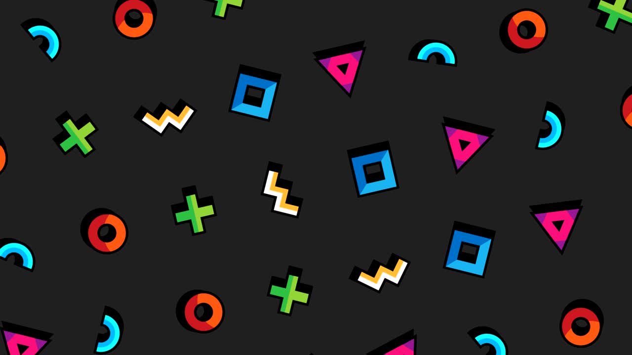 patrón animado con forma geométrica en fondo negro. patrón en movimiento con figuras geométricas. triángulo, círculo, cuadrado, líneas curvas en fondo negra. gráfico de movimiento
