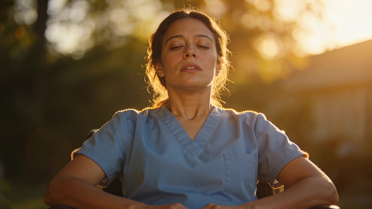 Mujer con uniforme médico azul claro que respira lentamente en una silla de patio.