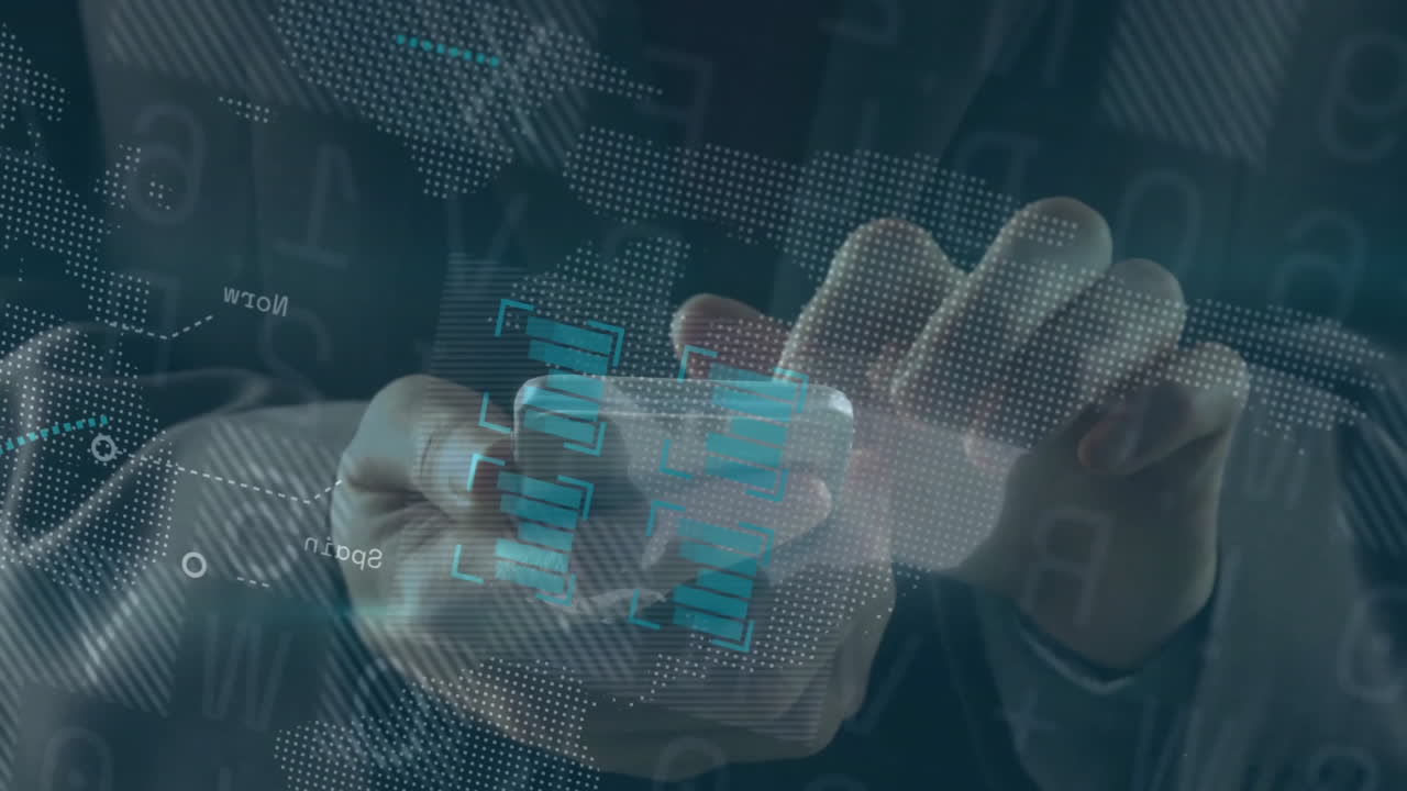 Hands interacting with digital animation and graphs in futuristic school interface