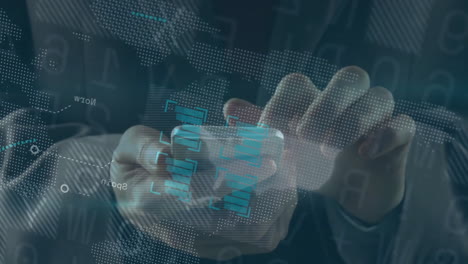 hands interacting with digital animation and graphs in futuristic school interface