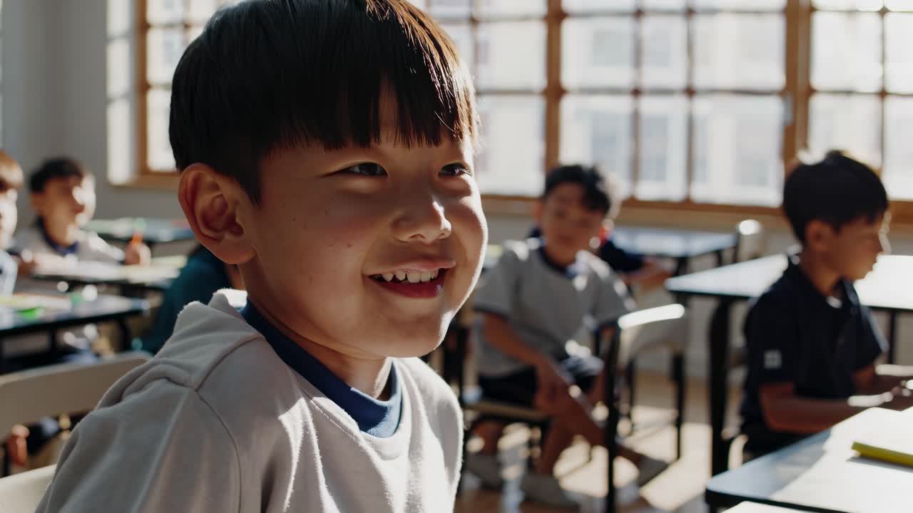 The video captures a sunlit classroom with children smiling and engaging, highlighting joy