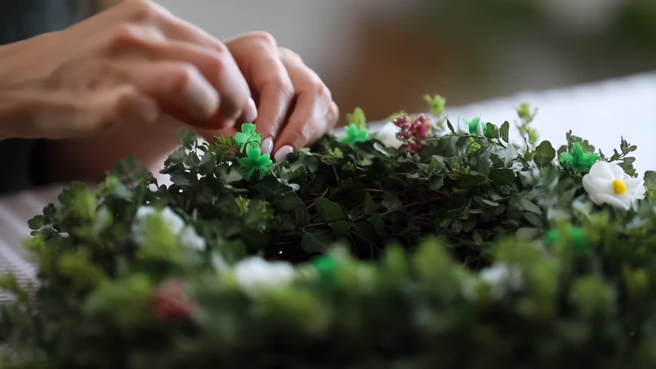 Close-up of hands decorating a green wreath with small flowers and shamrocks