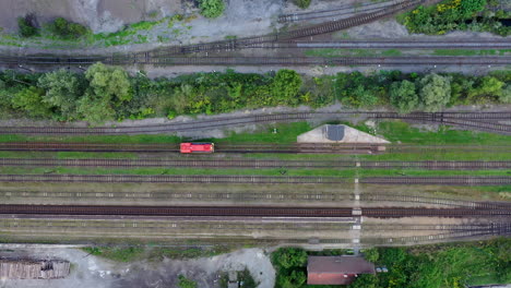 top down view of a red cargo train