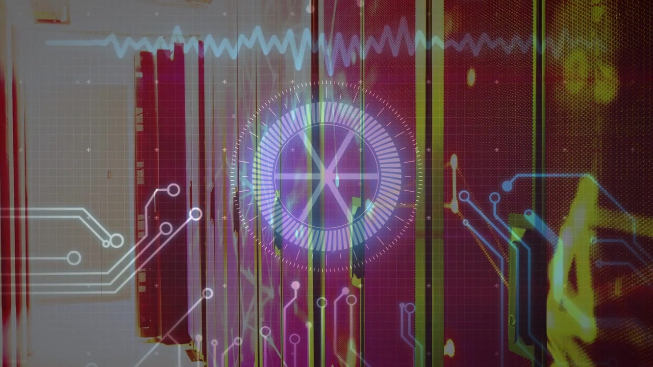 HUD pulsing and rotating by dot appearing syncing waveform drawing circuits visualizing technology