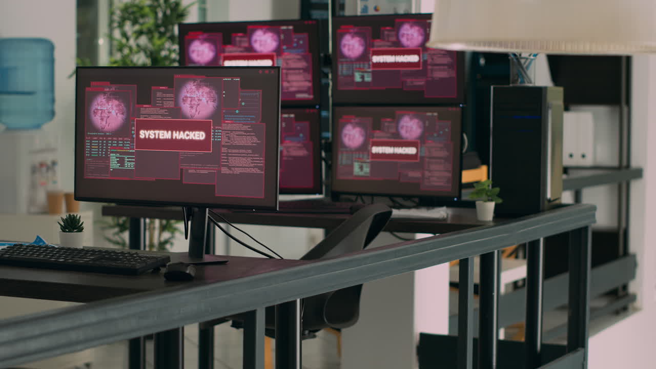 Empty agency office with computer showing system error security and hacking alert