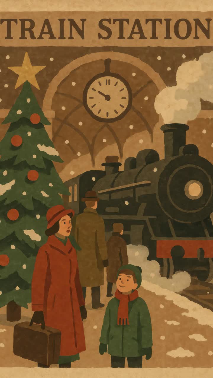 Vintage-style illustration of a train station, featuring a steam locomotive and travelers