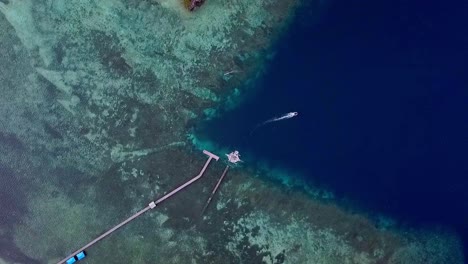 raja ampat island indonesia with expansive coral reef and boat leaving pier, aerial top view lowering shot
