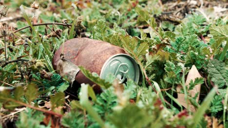 Nahaufnahme-Einer-Alten-Rostigen-Schrottdose-Für-Limonade,-Die-Als-Abfall-Auf-Einer-Wiese-In-Der-Natur-Zurückgelassen-Wurde