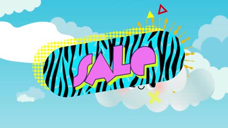 Animation-of-sale-text-in-pink-on-zebra-print-banner-and-abstract-shapes,-white-clouds-and-blue-sky