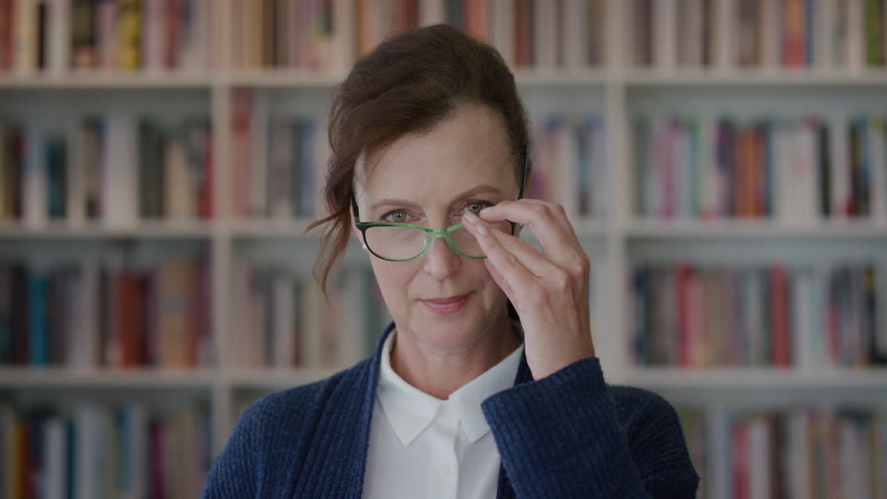 retrato mujer de negocios sénior se pone gafas buscando serio mujer de mediana edad bibliotecaria en estantería fondo cámara lenta