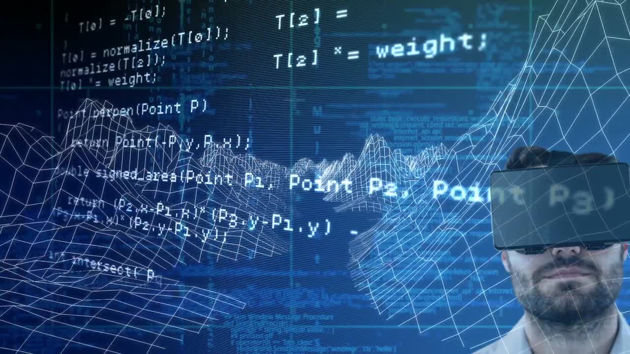 Animation of data processing over man wearing vr headset on sky with clouds