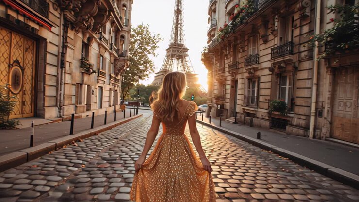 Rear view of an elegant woman in a sparkling dress walking on a cobblestone street toward the Eiffel Tower at sunrise in Paris, romantic travel and fashion concept
