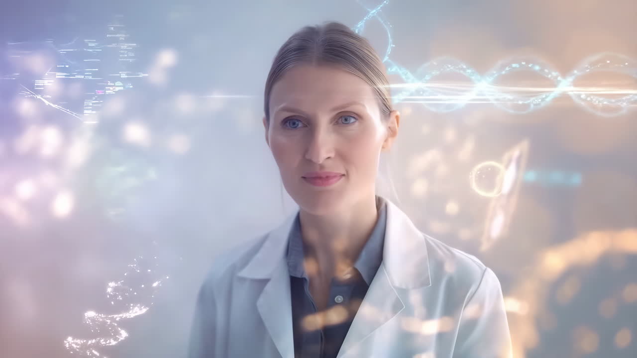 Female Scientist in Lab Coat with Futuristic DNA and Data Overlays