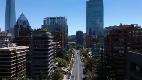 Flying-above-touristic-street-in-Santiago,-Chile