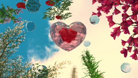 romantic ethereal crystal heart floating in floral sky 3d animation