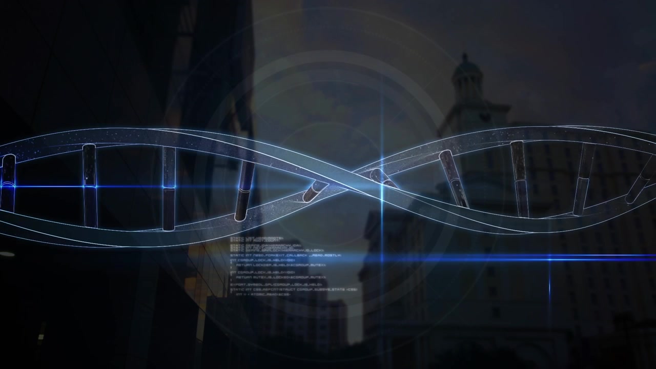 Animation of data processing and dna strand spinning over city